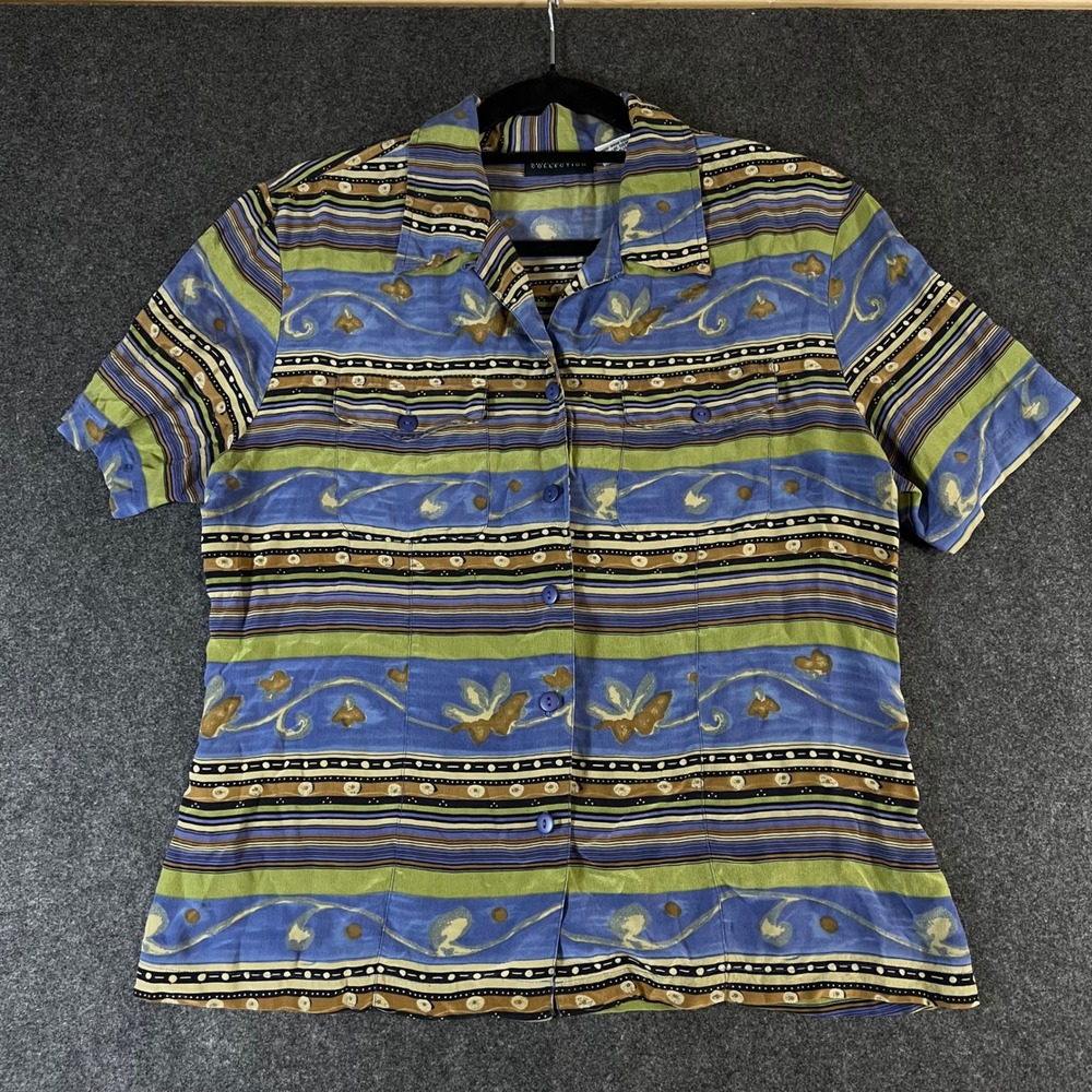 Bridgetown Collection Womens 100% Silk Striped Floral Button Down Shirt Blue M